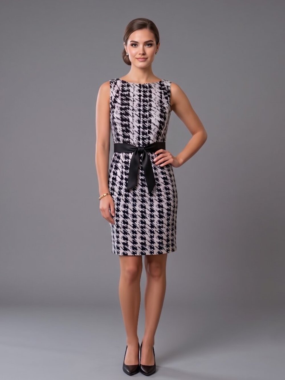 Max and Cleo Sleeveless Houndstooth Pencil Dress with Hidden Side Pockets